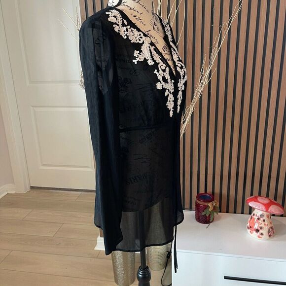 I.E. Woman Silk‎ Tunic Blouse Women Small Black Embriodered Sheer Chiffon - Picture 4 of 8